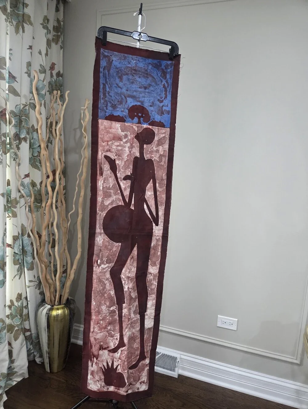 Handmade Maroon and Blue African Silhouette Wall Hanging 44×15in.